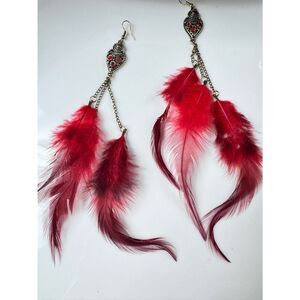 Red Feather Drop Earrings - Statement Feather Jewelry